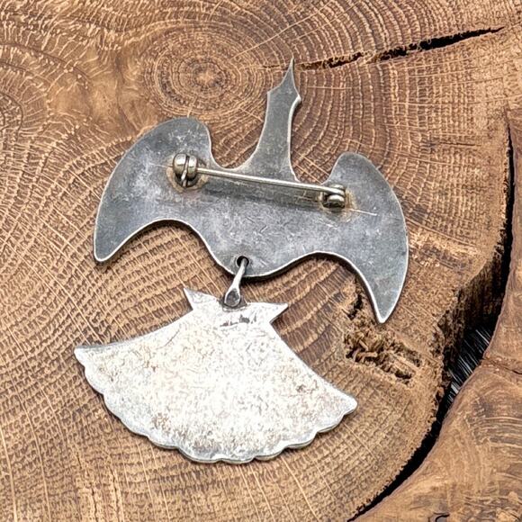 1990s Native American NAVAJO Sterling Silver Peyote Bird Pin Articulating Tail - Picture 2 of 2